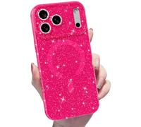 MINSCOSE for iPhone 17 Pro Case Magnetic Compatible with Magsafe,Cute Neon Glitter Super Vibrant Shiny Bling Sparkly Glossy Girly Case with Thin Slim Camera Protection for Women Girl-Hot Pink