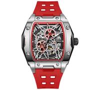 Minskolei Shield Men's Watches Automatic Mechanical Wristwatch Tonneau Hollow Design 30M Waterproof Luminous Self-Winding, Silver Red, Leisure, fashion, business, wear, sports, elegant