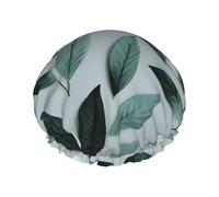 Mint Gray Leaf Double Layer Waterproof Shower Cap - Women's Lightweight, Portable, Soft, Reusable Bath Accessory