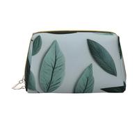 Mint Gray Leaf Leather Hand-Held Zipper Makeup Bag Storage Bag for Miscellaneous Items Pen Case