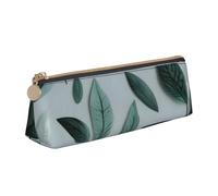 Mint Gray Leaf Print Leather Pencil Case Zipper Pencil Multifunctional Stationery Bags