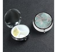 Mint Gray Leaves Pill Box with Mirror 3 Compartment Decorative Pill Case for Purse or Pocket Small Round Pill Organizer Weekly Metal Medicine Tablet Vitamin Holder Travel Gift