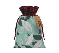 Mint Gray Leaves Print Christmas Burlap Gift Bags With Drawstrings Goodie Bags Storage Party Supplies