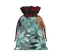 Mint Gray Leaves Print Christmas Drawstring Linen Gift Bags Reusable Fabric Bags With Tags For Christmas Gifts