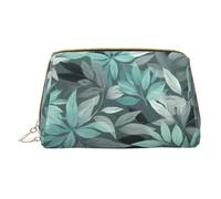 Mint Gray Leaves Print Makeup Bag Portable Leather Waterproof Cosmetic Bag Clutch Makeup Brush Bag (6.7x4.3in)