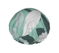 Mint Gray Leaves Print Shower Cap - Double Layer, Breathable, Adjustable Elastic Strap, Durable Travel Essentials