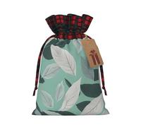 Mint Gray Leaves Printed Reusable Gift Bags - Christmas Drawstring Pouches for Xmas, Birthday, Wedding, Holidays