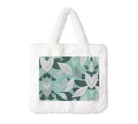 Mint Gray Leaves Printing Fluffy Shoulder Bag Ladies Plush Underarm Bag Tote Bag Furry Purse Handbag For Work Travel, White, One Size