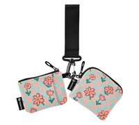 Mint Green and Coral Checkered Pattern Small Flowers Dual Wristlet Wallets for Women Slim Detachable ID Card Holders Protector with Keychain for Woman 2 Pcs Wallet para tarjetas de Mujer