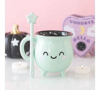 Mint Green Cauldron Mug with Wand Stirrer Ceramic Gothic Witch Tea Coffee Cup