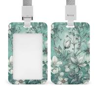Mint Green Floral Id Badge Holder with Lanyard, Clear Vertical Card Protector Waterproof, Breakaway Safety Neck Strap, Heavy Duty Name Tag Holder for Nurse Teacher Officer Staff Women Men