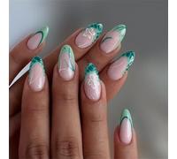 Mint Green French Floral Floral False Nails Middle Length Styles Almond Shape Easy Application Green Press On Nail