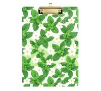 Mint Green Leaf White Floral Decorative Acrylic Clipboard Document Holder for Office Size 9 x 12