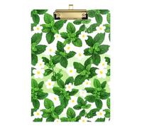 Mint Green Leaf White Floral Decorative Acrylic Clipboard Document Holder for School Size 9 x 12
