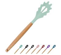 Mint Green Silicone Pasta Server - 12.6 Inch Noodle Spoon with Wooden Handle, Fork, BPA Free