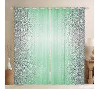 Mint Green Window Curtains Abstract Sliver Grey Glitter Print (No Glitter) Window Drapes for Kids Girls, Sequins Sparkling Window Treatments, Grommet Top 2 Panel Set Bedroom Curtains, 66Wx72L inch