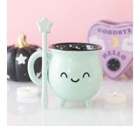 Mint Green Witches Cauldron Hot Chocolate Mug with Wand Stirrer. Halloween Mug.