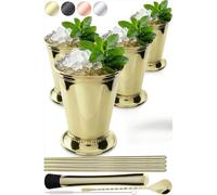 Mint Julep Cups Set of 2 - Stainless Steel Julep Cup Kit with Straws, Muddler, Spoon,Recipes, Vases - Southern-style Cocktail Glasses for Home Bar - Stainless Steel Cocktail Cups (Gold,4)