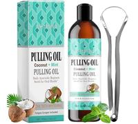 Mint Oil Pulling Mouthwash with Tongue Scraper - Coconut Oil Pulling for Teeth - Coconut Essence for Fresh Breath, Whiter Teeth & Healthy Gums. Perfect for Daily Oral Care