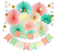 Mint Peach Birthday Party Decorations Mint Green Cream Pink Hanging Paper Fans Happy Birthday Banner Circle Dot Garland Birthday Baby Shower Women Grils Mint Birthday Party Decorations