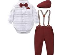 mintgreen Baby Boy Suit Gentleman Wedding Formal Outfit Set Bodysuit Suspenders Bow Tie with Hat, Burgundy, 6-12 Months, 80