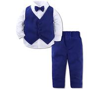 mintgreen Baby Boys' Suits, 3pcs Infant Formal Outfit Party Tuxedo Long Sleeve Shirt + Waistcoat + Trousers + Bowtie, Solid Blue, 18-24 Months, 90