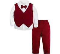 mintgreen Baby Boys' Suits, 3pcs Infant Formal Outfit Tuxedo Long Sleeve Shirt + Waistcoat + Trousers + Bowtie, Burgundy, 12-18 Months, 80