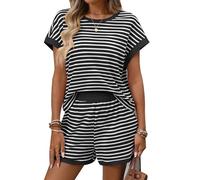 MINTLIMIT 2 Piece Short Sets for Women Summer Outfits Cute Stripe Knit T Shirts Short Sleeve Matching Lounge Set（Black Striped,S）