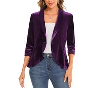 MINTLIMIT 3/4 Sleeve Velvet Blazer Jacket for Women Ruffle Hem One-Button Shawl Collar for Work and Evening Occasions (Purple M)