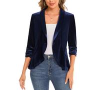 MINTLIMIT 3/4 Sleeve Velvet Navy Blazer with Ruffle Hem Shawl Collar One-Button Closure Deconstructed Cardigan Blazers (Navy S)