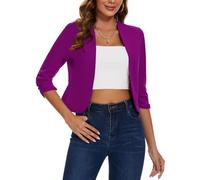 MINTLIMIT Crop Blazer for Women 3/4 Ruched Sleeve Jacket Blazers Elegant Open Front Suit Plain (Dark Purple S)