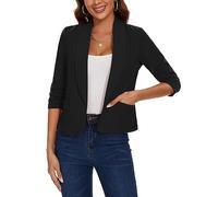 MINTLIMIT Cropped Blazer for Women 3/4 Ruched Sleeve Lapel Suit Open Front Tailored Jacket (Black M)
