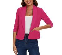 MINTLIMIT Cropped Blazer for Women 3/4 Ruched Sleeve Lapel Suit Open Front Tailored Jacket (Hot Pink M)