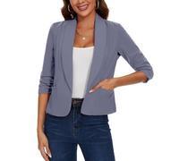 MINTLIMIT Cropped Blazer for Women 3/4 Ruched Sleeve Lapel Suit Open Front Tailored Jacket (Light Grey M)