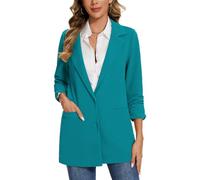 MINTLIMIT Elegant Mid Length Women’s Long Blazer with Front Besom Pockets Two-Button Closure and 3/4 Ruched Sleeves (Cobalt Green XXL)