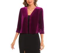 MINTLIMIT Elegant Velvet Fuchsia 3/4 Ruched Sleeve Cardigan Blazers Sweater Featuring 3/4 Ruched Sleeves for Work and Social Events (Fuchsia XL)