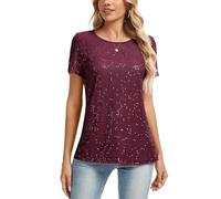 MINTLIMIT Glitter Sequined Top Women Fully Lined T Shirt Sparkly Short Sleeve Round Neck Blouse (Wine Red XL)
