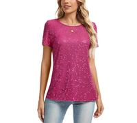 MINTLIMIT Glitter Top Womens Sequined Short Sleeve Fully Lined T Shirt Round Neck Sparkling Blouse (Hot Pink L)