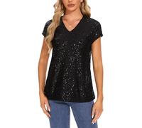 MINTLIMIT Glitter Tops for Women UK Short Cap Sleeve T Shirt Sequin Blouse V Neck Tunic Top (Black S)
