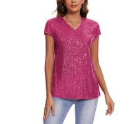 MINTLIMIT Glitter Tops for Women UK Short Cap Sleeve T Shirt Sequin Blouse V Neck Tunic Top (Hot Pink S)