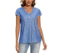 MINTLIMIT Glitter Tops for Women UK Short Cap Sleeve T Shirt Sequin Blouse V Neck Tunic Top (Light Blue S)