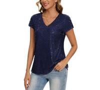 MINTLIMIT Glitter Tops for Women UK Short Cap Sleeve T Shirt Sequin Blouse V Neck Tunic Top (Navy S)