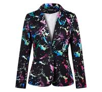 MINTLIMIT Graphic Colorful Black Multi 80s Blazer for Women Long Sleeve Art Print Welted Pockets Spring Summer Office Look (Black Multi M)