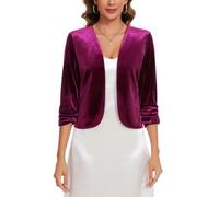 MINTLIMIT Ladies Fuchsia Velvet 3/4 Ruched Sleeve Open Front Cardigans Sweater Shrugs Blazers for Proms & Gala Events (Fuchsia L)