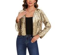 MINTLIMIT Ladies Fully Lined Cropped Long Sleeves Sequin Cardigans Shrugs Bolero Sweater Open Front Top for Glee Show Cocktail Feast Parties (Yellow L)
