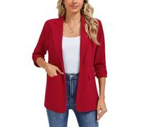 MINTLIMIT Ladies Jacket Pad Shoulder Blazer Open Front 3/4 Ruched Sleeve Great for Office (Red L)