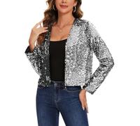 MINTLIMIT Ladies Sequin Cardigans Shrugs Bolero Cropped Fully Lined Sweater Long Sleeves Open Front Top for Show Glee Feast Cocktail Parties (Silver L)