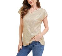 MINTLIMIT Ladies T Shirt Festival Wear Champagne Cap Sleeve V Neck Sequin Sparkly Blouse Fully Lined Short Sleeve (Golden M)
