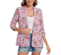 MINTLIMIT Lightweight Open Front Chiffon Pink Blazer with Red Floral Women 3/4 Ruched Sleeve Front Lined Office Casual Outfits (Pink & Red Floral XXL)