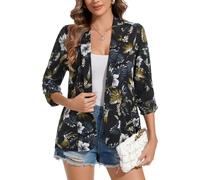 MINTLIMIT Open Front Chiffon Black Blazer with Floral Women Lightweight 3/4 Ruched Sleeve Front Lined Summer Parties Office Looks (Black & Red Floral XL)